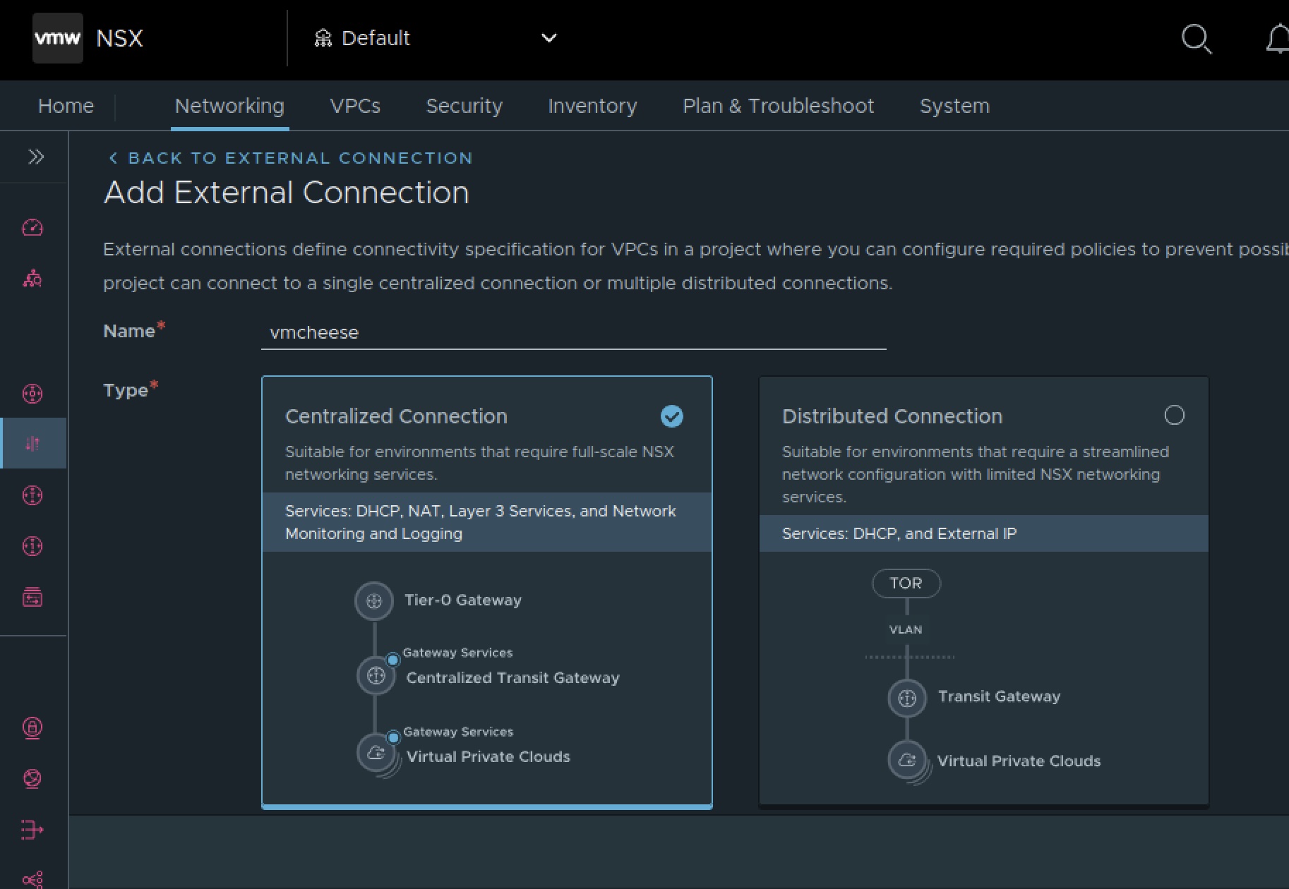 NSX UI where you choose the type of External Connection for your Project